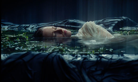 A person with closed eyes floats in dark water amidst black fabric and floating leaves.