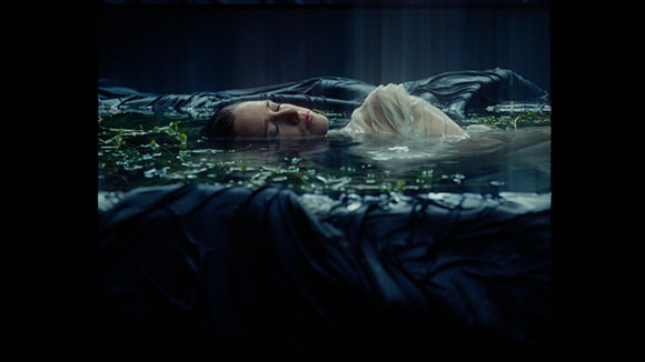 A person with closed eyes floating in dark, reflective water surrounded by leaves.
