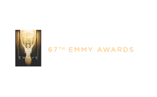 Gold logo for the 67th Emmy Awards featuring an Emmy statue silhouette.