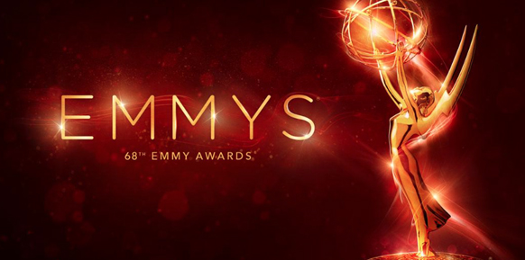 Golden Emmy Award statue next to the text EMMYS 68th Emmy Awards on a red sparkling background.