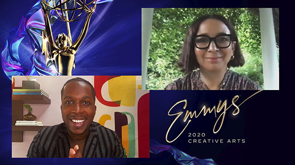 Emmy Award trophy alongside two people in video call windows against a blue background.