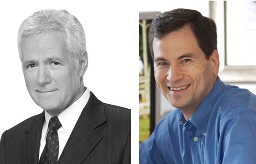 A black and white portrait of an older man in a suit next to a color portrait of a smiling man in a blue shirt.