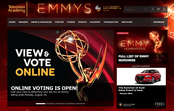 Emmy Awards website showing a golden Emmy statue and text reading View and Vote Online.