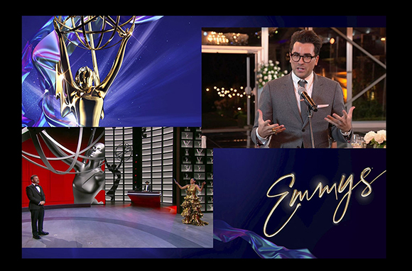 Collage featuring an Emmy statuette, a male presenter, and performers on a stage with an 'Emmys' logo.