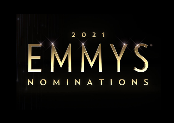 Gold text reading 2021 EMMYS NOMINATIONS against a black background with light sparkles.
