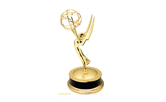 A gold Emmy Award trophy featuring a winged woman holding an atom-like globe on a black circular base.