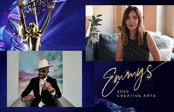 Collage featuring an Emmy statuette, a woman, a man in a hat, and text reading 'Emmys 2020 Creative Arts'.