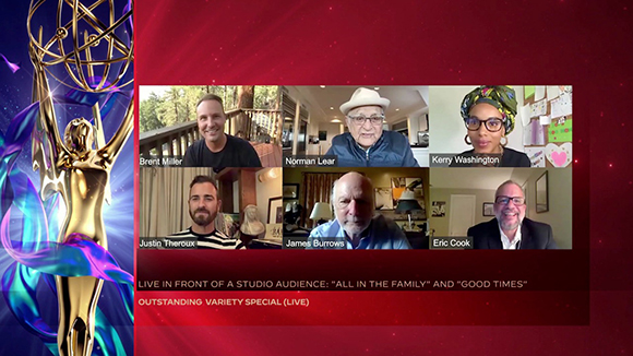 Six people appear in a grid of video tiles during an awards ceremony broadcast.