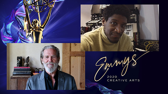 Collage of an Emmy trophy, a man's face, and text reading Emmys 2020 Creative Arts.