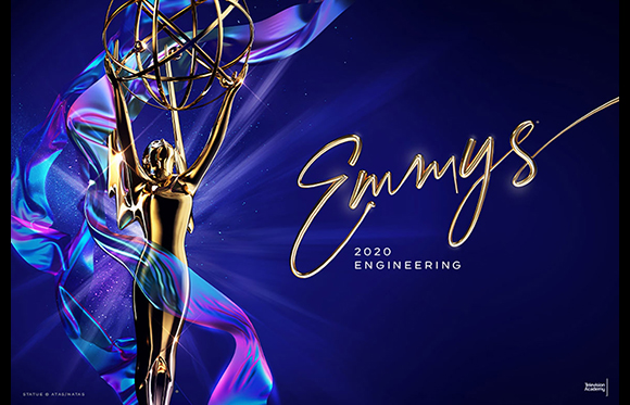 Golden Emmy statue with flowing blue and purple ribbons against a dark blue background with 'Emmys 2020 Engineering' text.