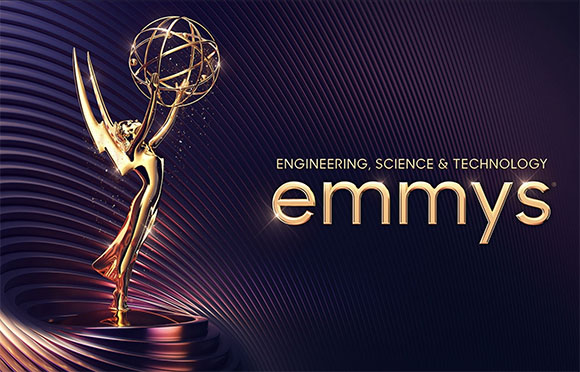 A gold Emmy Award trophy stands against a dark purple background with the text 'ENGINEERING, SCIENCE & TECHNOLOGY emmys'.