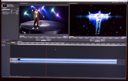 Video editing software interface with two video preview windows and a multi-track timeline at the bottom.