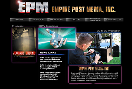 Website for Empire Post Media, Inc. featuring production, 3DTV experience, and 2D & 3D production sections.