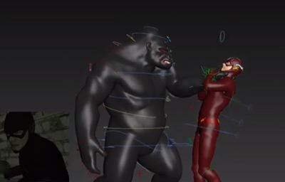 A large, muscular black figure stands facing a person in a red superhero suit against a dark background.