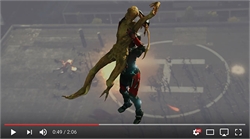 An armored character is lifted into the air by a large, spindly yellow creature on a rooftop.