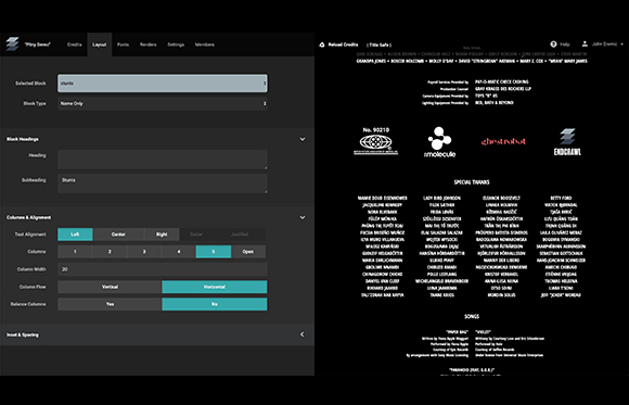 Split screen showing a dark-themed web design interface on the left and a vertical credits list on the right.