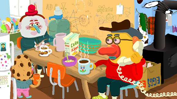 Animated characters sit around a table with cereal, coffee, and corn flakes in a cluttered room.