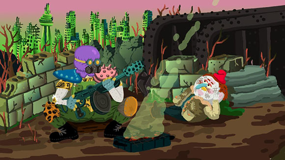Cartoon illustration of a character in a gas mask sitting by a fire amidst green ruins.