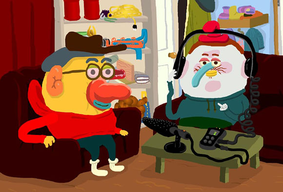 Two cartoon characters in armchairs, one wearing headphones and one wearing glasses, facing a small table.