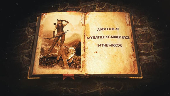 An open book showing an illustration of a female warrior with a tiger on one page and text on the other.