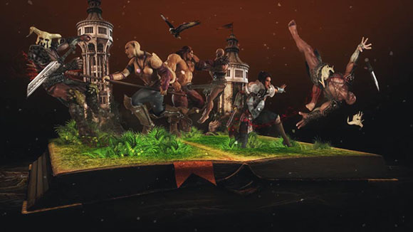 Fantasy warriors engage in combat atop a large open book against a dark orange background.