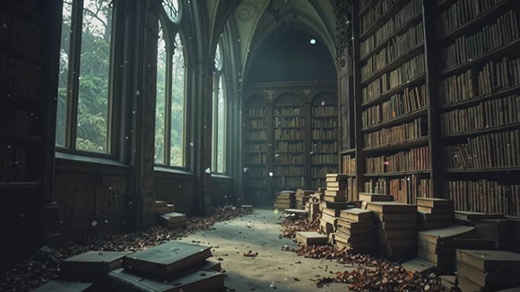 A dark, gothic library with tall arched windows and floor-to-ceiling bookshelves filled with old books.