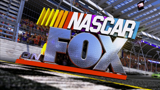 3D NASCAR on FOX logo on a racetrack with grandstands in the background.