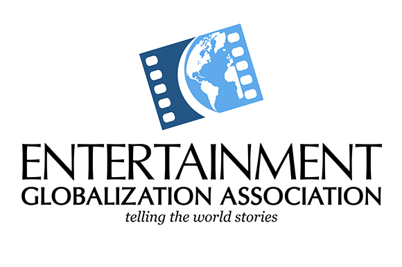 Logo featuring a blue film strip with a globe inside, above the text Entertainment Globalization Association.