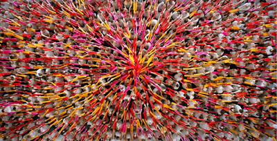 A top-down view of many people in red, pink, and yellow clothing arranged in a circular, radiating pattern.