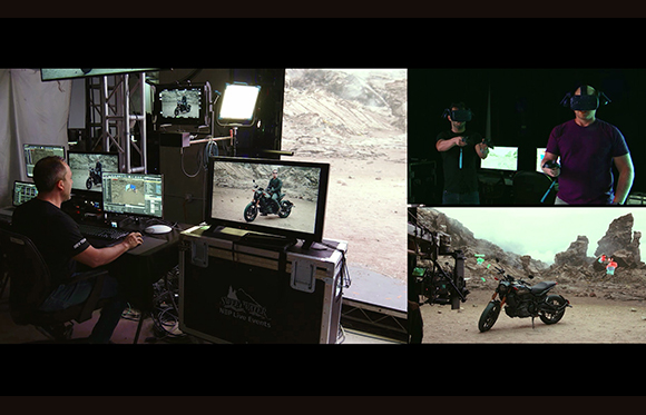 Collage of a video production setup, people wearing VR headsets, and a motorcycle in a desert landscape.