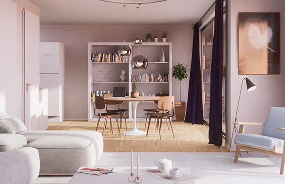 A bright living room featuring a dining table, white bookshelf, light blue armchair, and large windows.