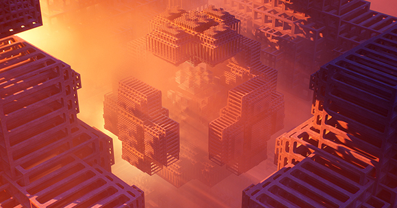 Complex, repeating geometric structures glowing in a dense, orange-tinted mist.