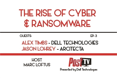 Text graphic for an episode titled The Rise of Cyber & Ransomware featuring guests Alex Timbs and Jason Lohrey.