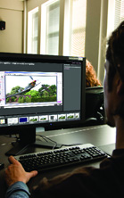 A person sits at a desk using a computer to edit a photograph of a helicopter in a software program.