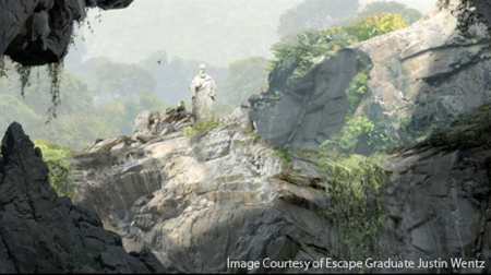 A stone statue of a figure stands on a rugged, rocky ledge surrounded by green foliage and misty hills.
