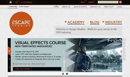 Escape Studios website homepage with a banner for a visual effects course and academy links.