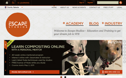 Escape Studios website featuring an advertisement for online compositing courses with anthropomorphic animal characters.