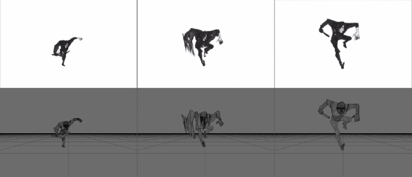 Three sequential frames showing a dark silhouette performing a dynamic, crouching movement against white and gray.