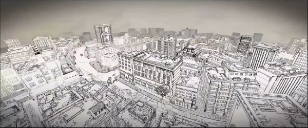 A black and white line drawing of a sprawling city with numerous buildings viewed from a high angle.