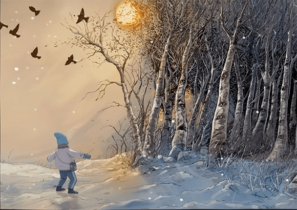 A child in winter gear walks toward a dense forest where many eyes are visible on the tree trunks.