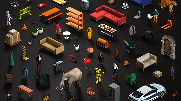Isometric view of diverse 3D models including furniture, animals, vehicles, and tools on a dark grid.