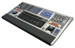 A professional digital audio mixing console with a keyboard, faders, and control knobs.