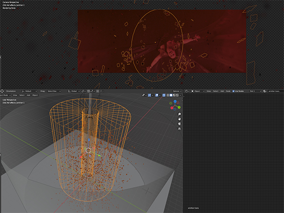 A 3D software interface showing a red-tinted video preview above a wireframe cylinder emitting particles.