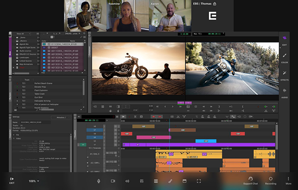 Video editing software interface showing a timeline, multiple video clips, and a multi-person video call.
