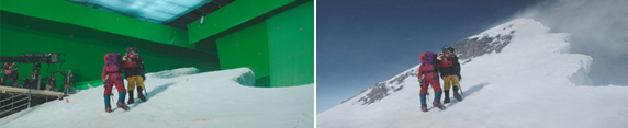 Split view: left shows climbers on artificial snow in a green screen studio; right shows them on a snowy mountain peak.