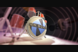 A drum set with a circular logo on the bass drum against a dark, blurred background.