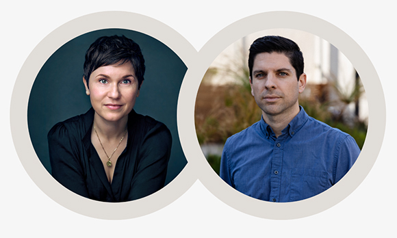 Two circular portraits: a person with short dark hair in black and a person with dark hair in a blue shirt.