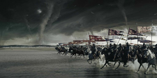 Cavalry riding horses through water toward large flags under a dark sky with multiple tornadoes.