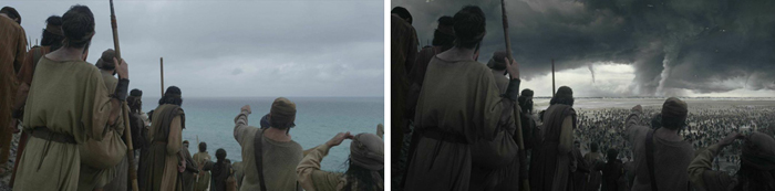 A crowd in ancient clothing watches a calm sea on the left and a dark storm with a tornado on the right.