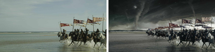 Cavalry charging through water under a clear sky on the left and a dark, stormy sky with tornadoes on the right.